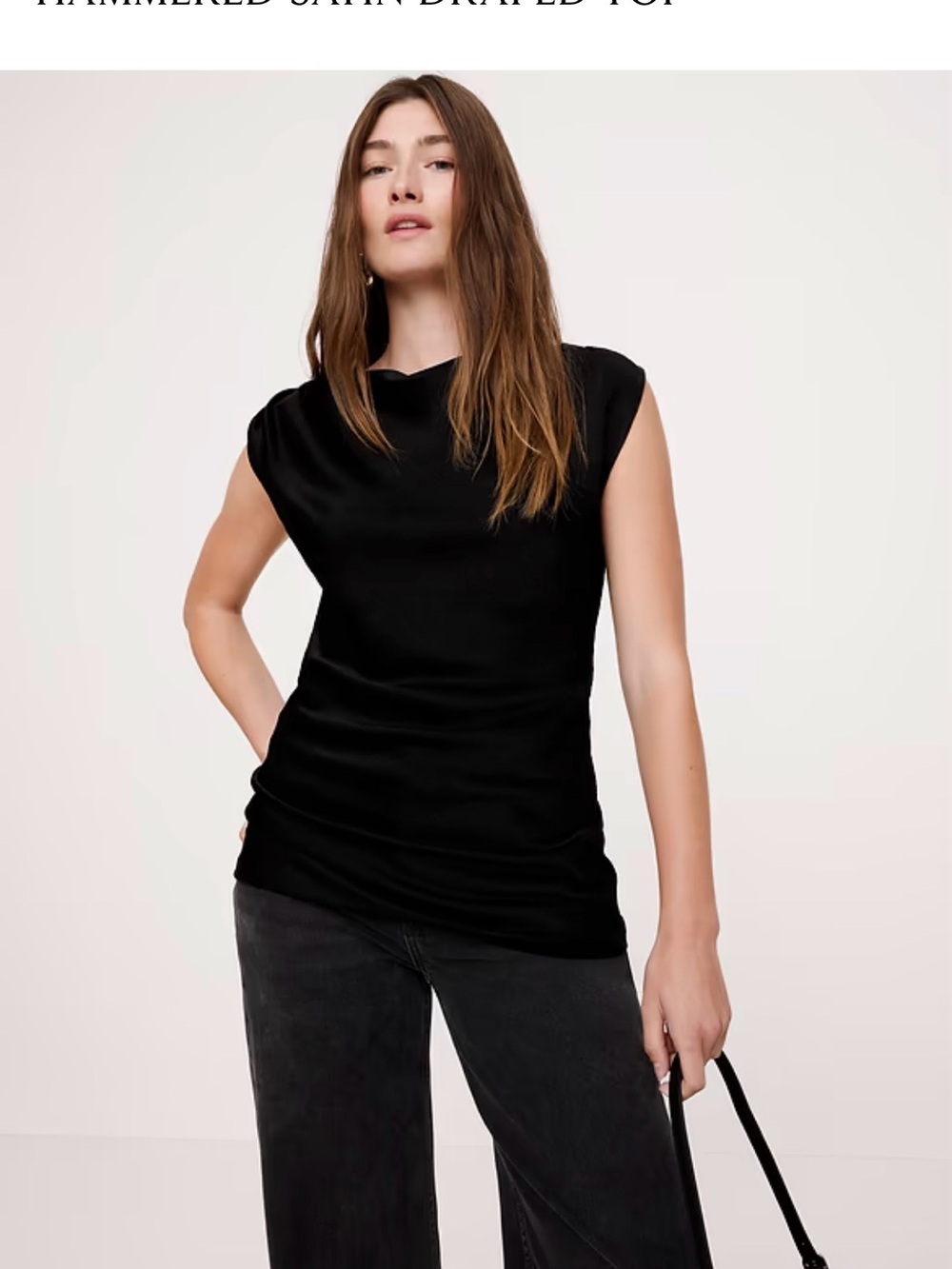 NEW Banana Republic Hammered Satin finish Black Sleeveless Ruched Blouse